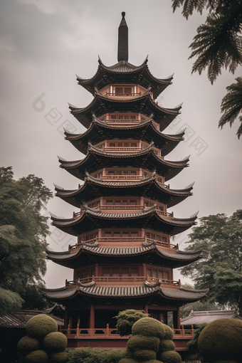 中国风塔楼建筑植物游览