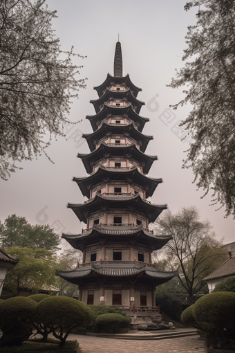 中国风塔楼建筑楼阁植物