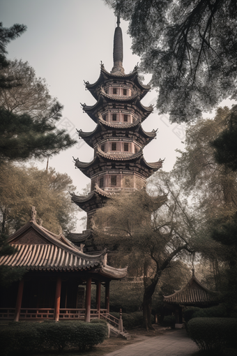 中国风塔楼建筑楼阁天空