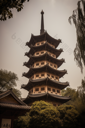 中国风塔楼建筑植物旅游