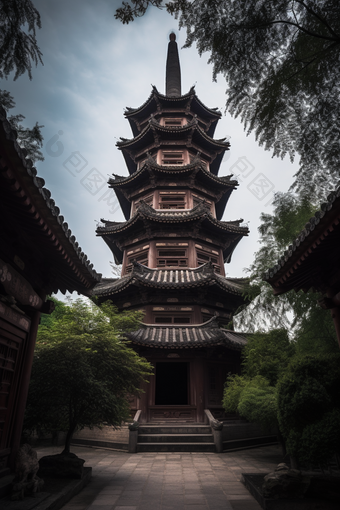 中国风塔楼建筑植物景观