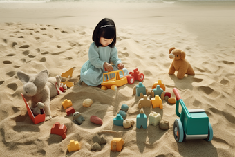 小女孩在沙滩上<strong>玩沙子</strong>户外乖巧