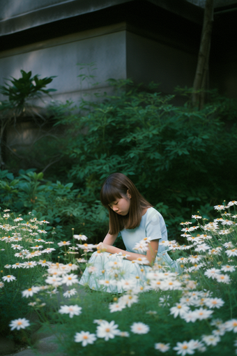 花丛中的少女唯美鲜花夏天