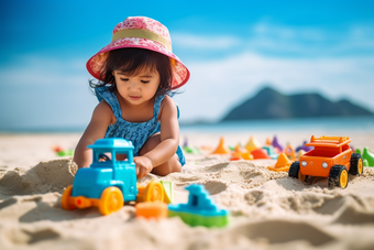 小女孩在沙滩上玩沙子海边开心