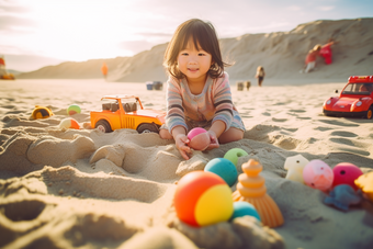小女孩在沙滩上玩沙子孩子小孩