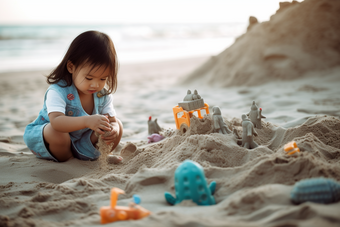 小女孩在沙滩上玩沙子海边户外