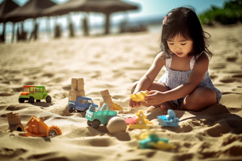 小女孩在沙滩上玩沙子乖巧儿童