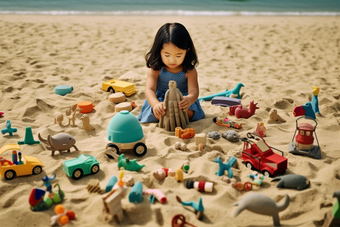 小女孩在沙滩上玩沙子具儿童