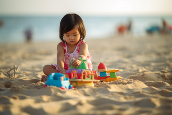 小女孩在沙滩上玩沙子可爱小孩