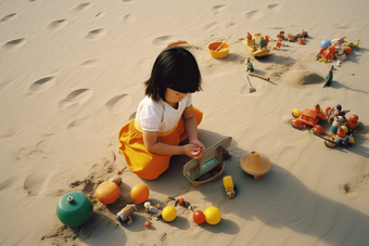 小女孩在沙滩上玩沙子孩子儿童