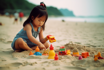 小女孩在沙滩上玩沙子海边可爱