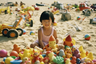 小女孩在沙滩上玩沙子可爱户外
