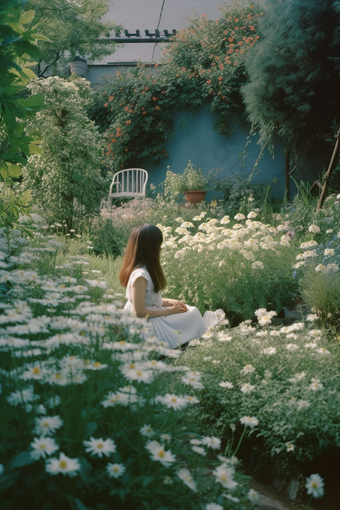 花丛中的少女唯美鲜花花园