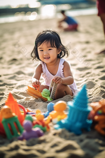 小女孩在沙滩上玩沙子儿童小孩