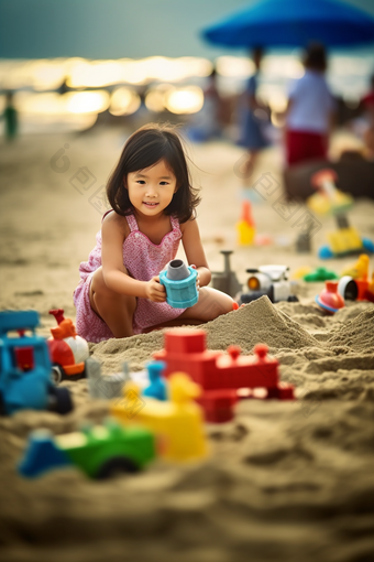 小女孩在沙滩上玩沙子可爱开心