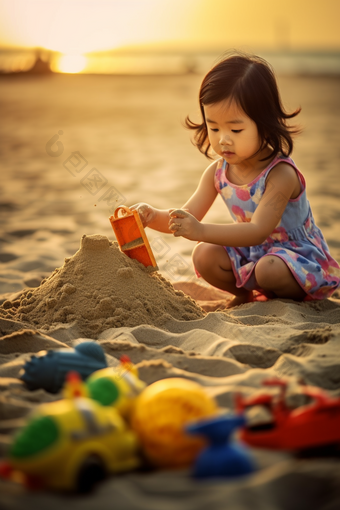小女孩在沙滩上玩沙子耍开心