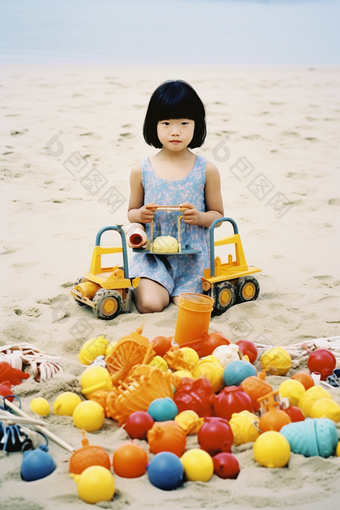 小女孩在沙滩上玩沙子具乖巧