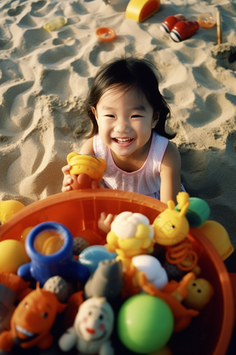 小女孩在沙滩上<strong>玩沙子</strong>孩子乖巧