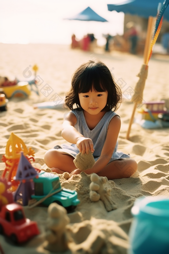 小女孩在沙滩上玩沙子耍具