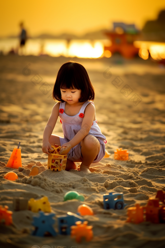 小女孩在沙滩上玩沙子具户外