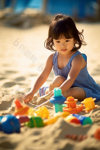 小女孩在沙滩上玩沙子海边乖巧