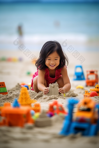 小女孩在沙滩上<strong>玩沙子</strong>可爱具