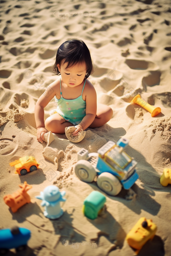 小女孩在沙滩上玩<strong>沙子</strong>孩子具