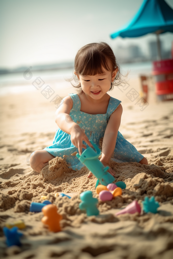 小女孩在沙滩上<strong>玩沙子</strong>孩子可爱