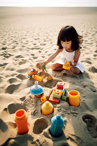 小女孩在沙滩上玩<strong>沙子</strong>可爱乖巧