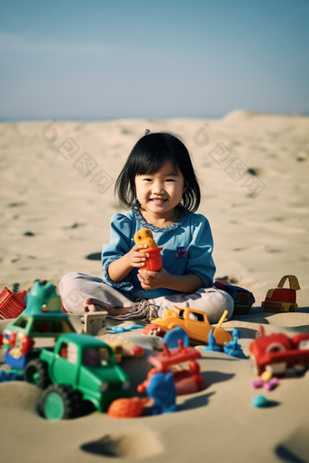 小女孩在沙滩上玩沙子耍小孩