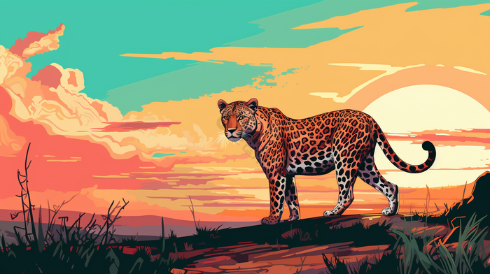 非洲草原野生动物日落实景插画