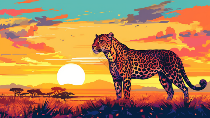 非洲草原野生动物日落大胆的插画