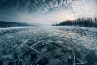 冬季结冰的湖面冬天寒冷