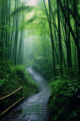 自然雨雾气竹子森林完整的活力小道摄影图34