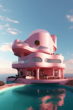 粉色海边豪宅别墅摄影图3