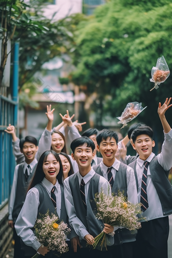 手捧鲜花的毕业季<strong>学生</strong>兴奋庆祝