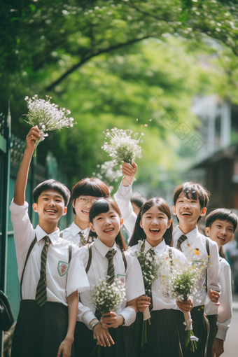 手捧鲜花的毕业季学生欢呼举手