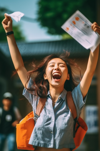 走出考场的女孩开怀大笑笑容