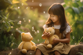 小女孩和小熊娃娃吹泡泡毛绒玩具儿童