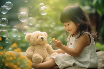 小女孩和小熊娃娃吹泡泡玩具儿童
