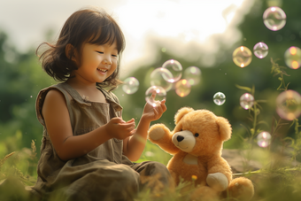 小女孩和小熊娃娃吹泡泡乖巧玩具