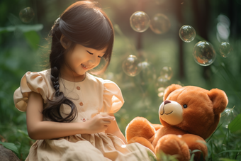 小女孩和小熊娃娃吹泡泡可爱毛绒玩具