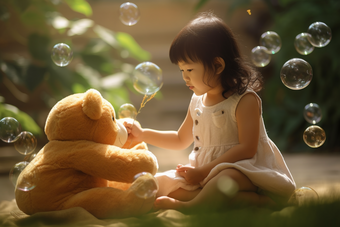 小女孩和小熊娃娃吹泡泡户外玩具