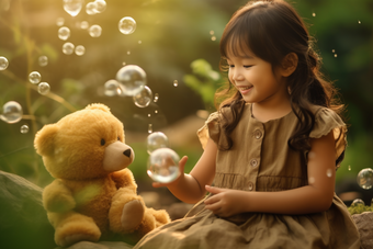 小女孩和小熊娃娃吹泡泡乖巧毛绒玩具