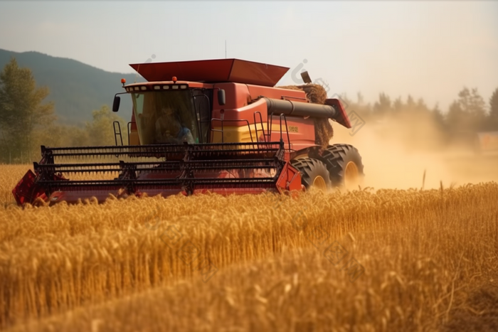机器收割麦田农业农作物