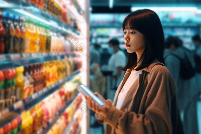 超市货架旁的女孩饮料女性购物