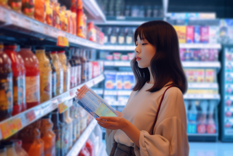 超市货架旁的女孩饮料逛