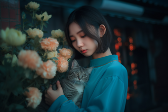 少女与猫咪唯美鲜花
