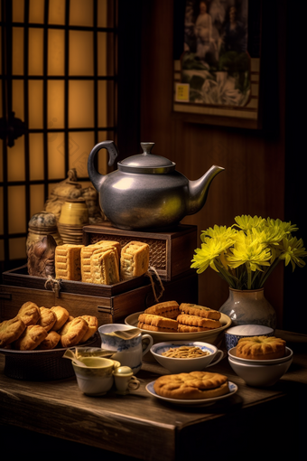 中式家具上的传统糕点食物食品