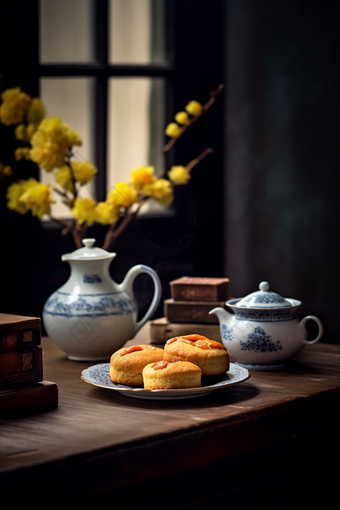 中式家具上的传统糕点鲜花食物